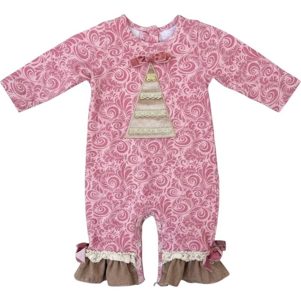 Ricrac & Ruffles Baby Girls Pink Damask Christmas Tree Romper 6-9 Months Holiday